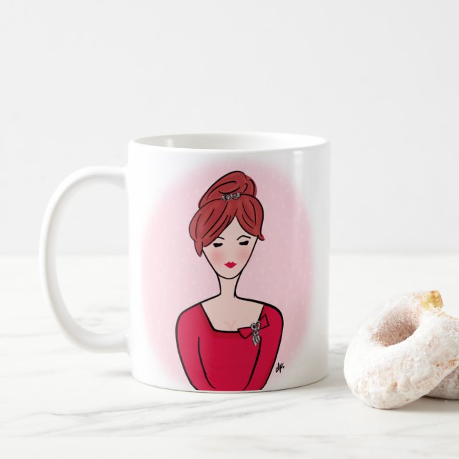 Cute Cartoon Redhead Lady Portrait Coffee Mug (With Donut)
