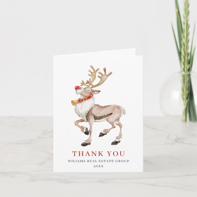 Cute Cartoon Reindeer Christmas Greeting Holiday Thank You Card (Front)