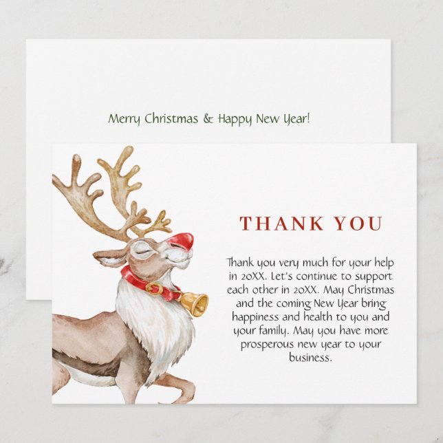 Cute Cartoon Reindeer Christmas Greeting Holiday Thank You Card (Front/Back)