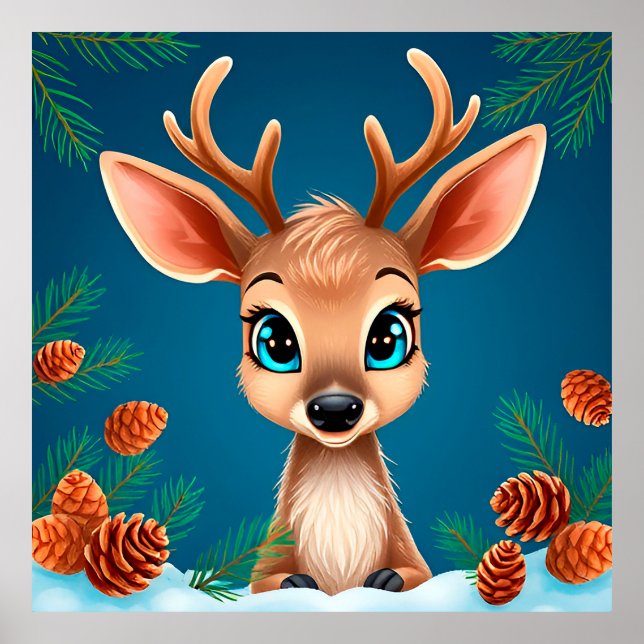 Cute Cartoon Reindeer in Winter with Pine Cones Poster (Front)