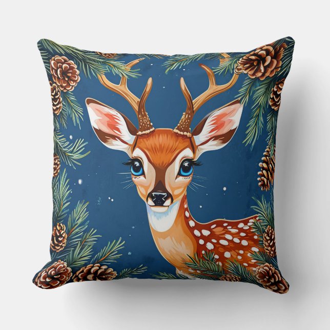 Cute Cartoon Reindeer in Winter with Pine Cones Throw Pillow (Front)