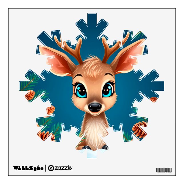 Cute Cartoon Reindeer in Winter with Pine Cones Wall Decal (Front)