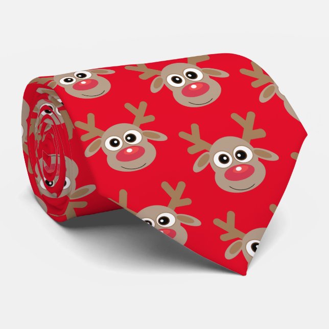 Cute Cartoon Reindeer Pattern Christmas Fun Red Neck Tie (Rolled)