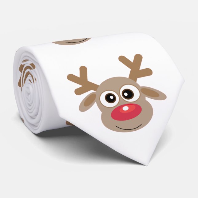Cute Cartoon Reindeer Pattern Christmas Fun White Neck Tie (Rolled)