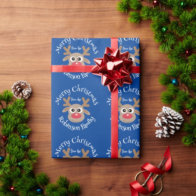 Cute Cartoon Reindeer Pattern Fun Blue Name Wrapping Paper (Holiday Gift)
