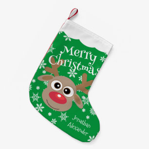 Cute Cartoon Reindeer White Snowflakes Green Name Small Christmas Stocking