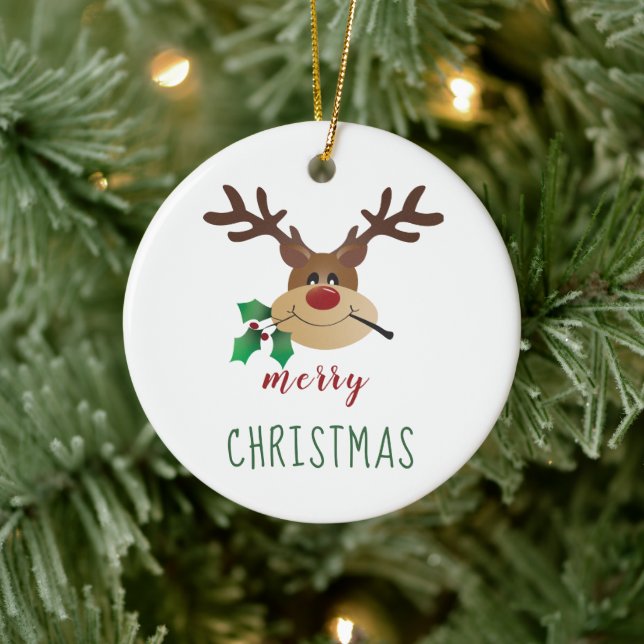 Cute Cartoon Reindeer With Mistletoe Ceramic Ornament (Tree)