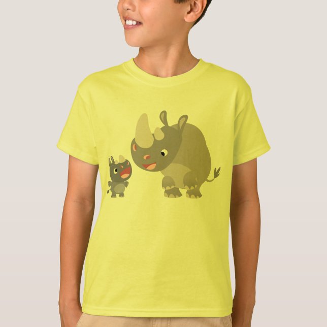 Cute Cartoon Rhino Baby & Big Rhino Kids T-Shirt (Front)
