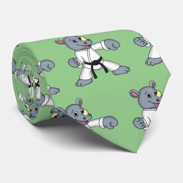 Cute cartoon rhino kung fu cartoon  neck tie (Rolled)