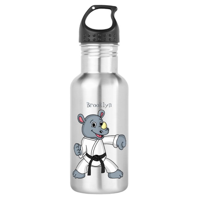 Cute cartoon rhino kung fu cartoon  stainless steel water bottle (Front)