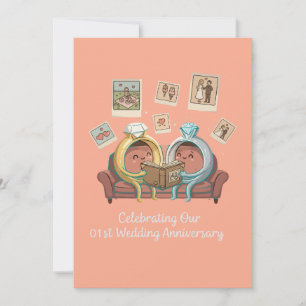 Cute Cartoon Rings 1st Wedding Anniversary Couple Invitation