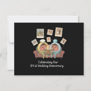 Cute Cartoon Rings 1st Wedding Anniversary Couple  Postcard