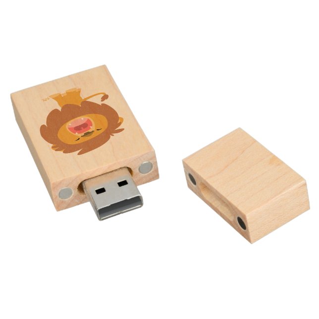 Cute Cartoon Roaring Lion USB Flash Drive Wood (Angled)