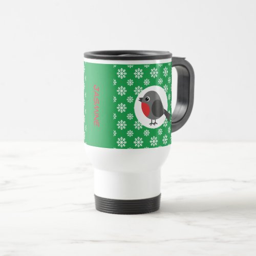 Cute Cartoon Robin with Snowflakes  Add Name Travel Mug