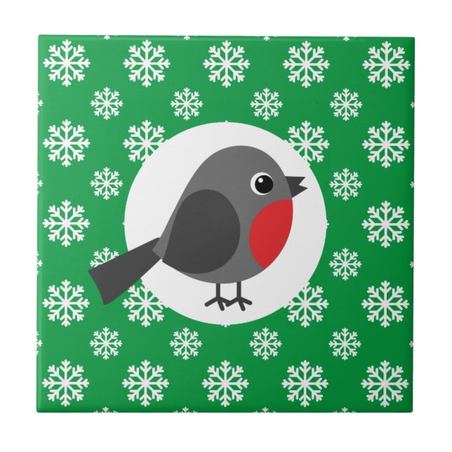 Cute Cartoon Robin with the Snowflakes Ceramic Tile (Front)
