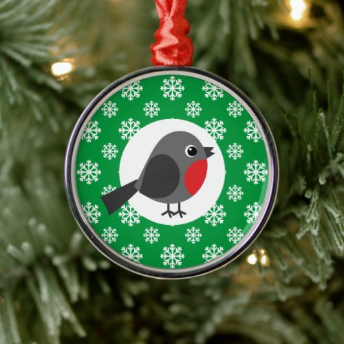 Cute Cartoon Robin with the Snowflakes Metal Ornament