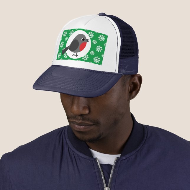 Cute Cartoon Robin with the Snowflakes Trucker Hat (In Situ)