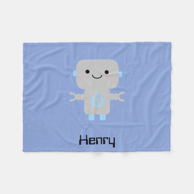 Cute Cartoon Robot Blue Fleece Blanket (Front (Horizontal))