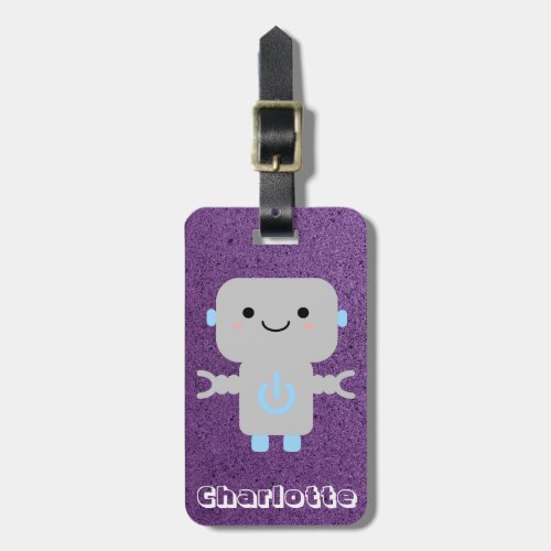 Cute Cartoon Robot Purple with Name Luggage Tag