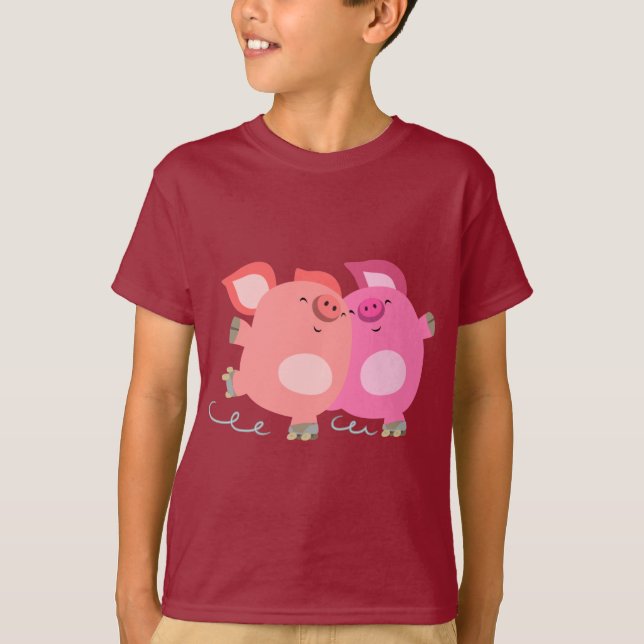 Cute Cartoon Roller-Skating Pigs Kids T-Shirt (Front)