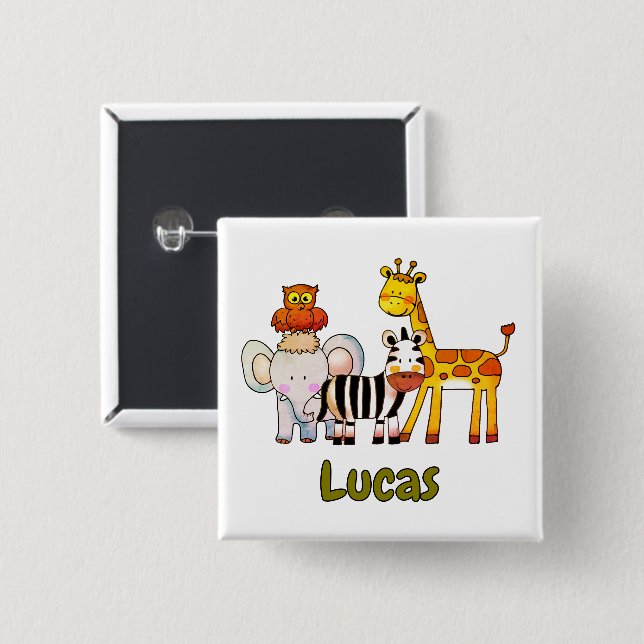 Cute Cartoon Safari Animals custom name Button (Front & Back)