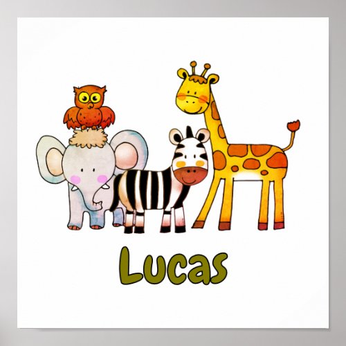 Cute Cartoon Safari Animals custom name Poster