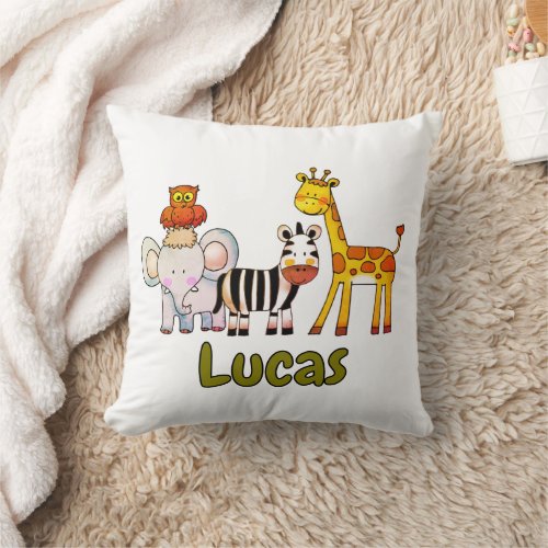 Cute Cartoon Safari Animals custom name Throw Pillow