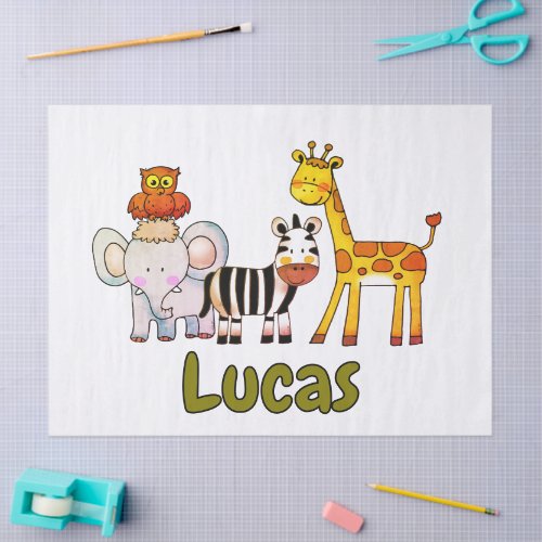 Cute Cartoon Safari Animals custom name Tissue Paper