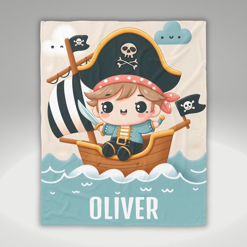 Cute Cartoon Sailor Pirate Boy and Pirate Ship Fleece Blanket