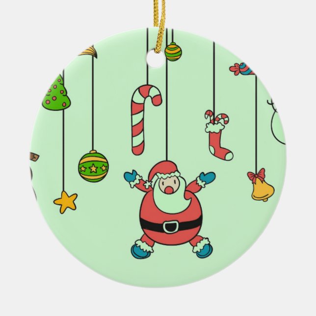 Cute cartoon Santa and friends Christmas Ceramic Ornament (Front)