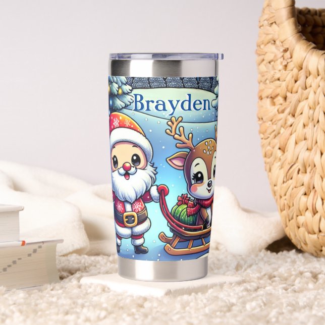 Cute Cartoon Santa and Reindeer Christmas Insulated Tumbler (Living Room)