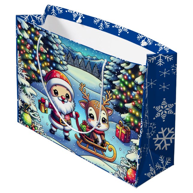 Cute Cartoon Santa and Reindeer Christmas Large Gift Bag (Back Angled)