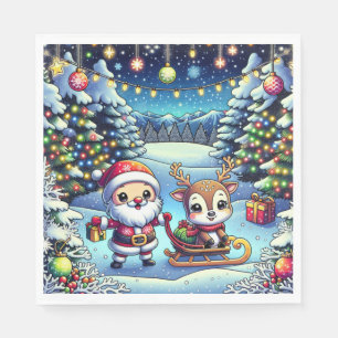 Cute Cartoon Santa and Reindeer Christmas Napkins