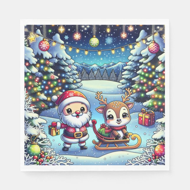 Cute Cartoon Santa and Reindeer Christmas Napkins (Front)