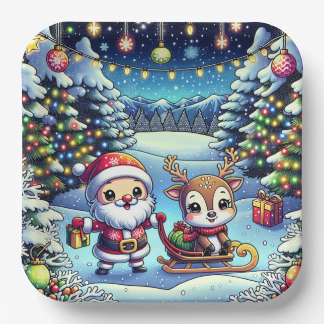 Cute Cartoon Santa and Reindeer Christmas Paper Plates (Front)