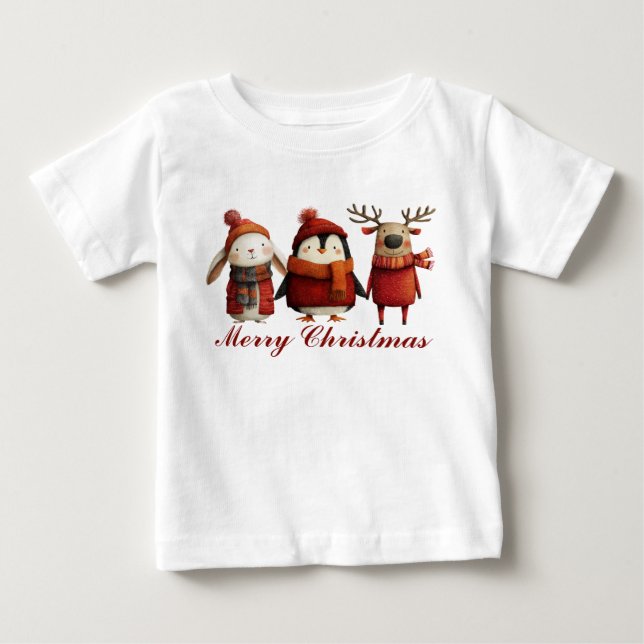 Cute Cartoon Santa Animals Merry Christmas Baby T-Shirt (Front)