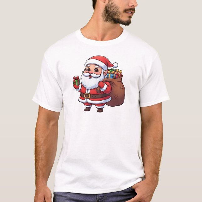 Cute Cartoon Santa Claus Holding Gift with Sack   T-Shirt (Front)