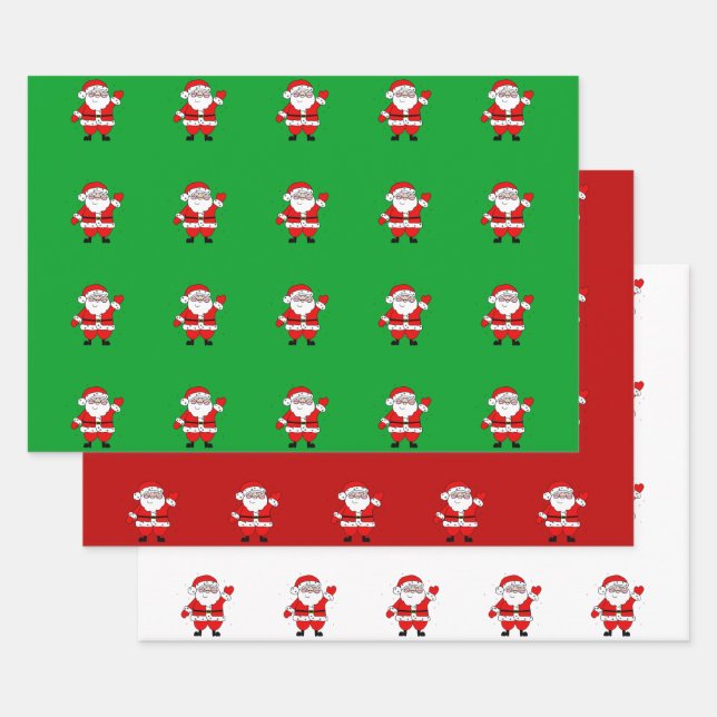 Cute Cartoon Santa Red Green White Christmas Wrapping Paper Sheets (Set)