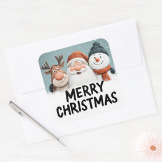 Cute Cartoon Santa Reindeer Snowman Merry Xmas Square Sticker