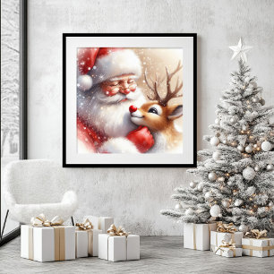 Cute Cartoon Santa Rudolph Christmas Wall Artwork Framed Art