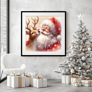 Cute Cartoon Santa Rudolph Holiday Wall Art Framed