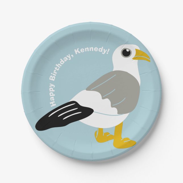 Cute Cartoon Seagull Light Blue Personalized Paper Plates (Front)