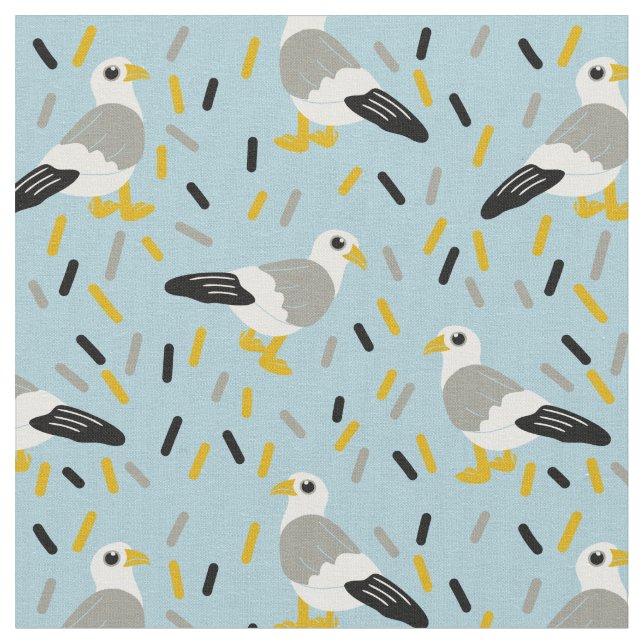 Cute Cartoon Seagulls Light Blue, White, Gray Fabric (Close Up)