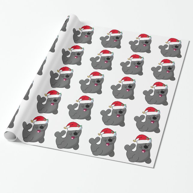 Cute Cartoon Seal Wearing Santa Hat Wrapping Paper (Unrolled)