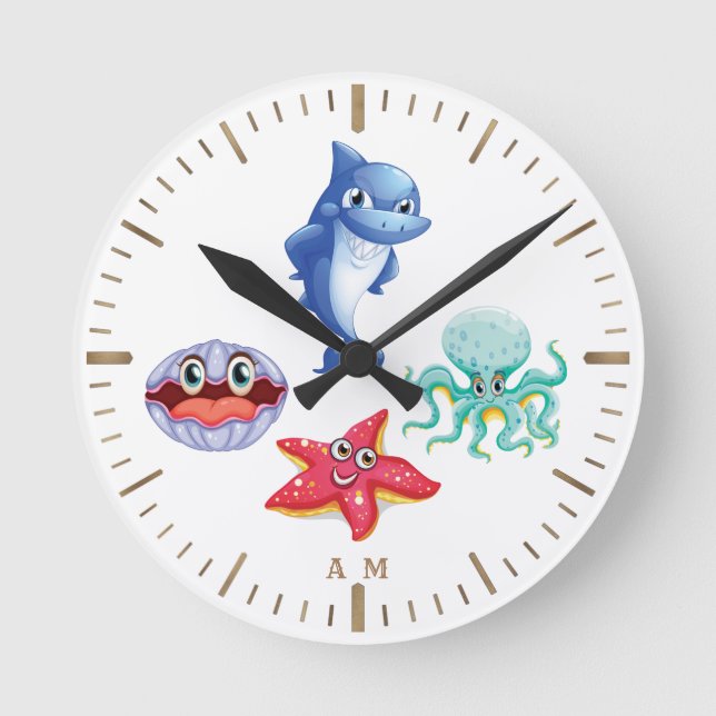 Cute Cartoon Shark Octopus Starfish Shell Monogram Round Clock (Front)