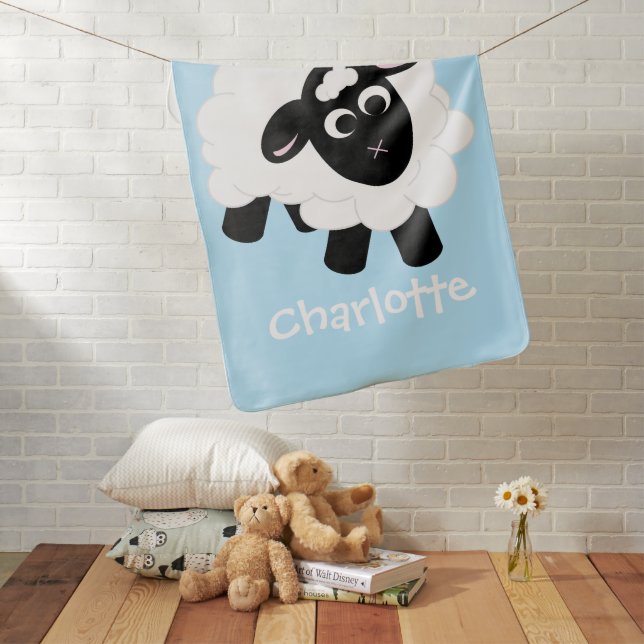 Cute Cartoon Sheep Blue Baby Blanket (In Situ)