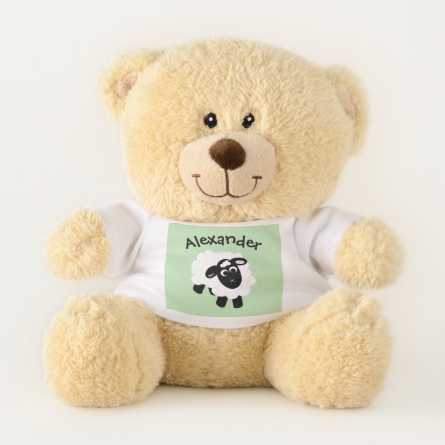 Cute Cartoon Sheep Green Name Teddy Bear (Front)