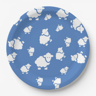 Cute cartoon Sheep on blue background Paper Plates