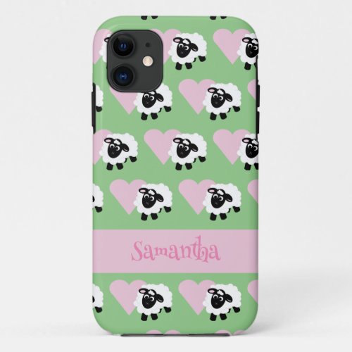 Cute Cartoon Sheep Pink Heart Pattern Green iPhone 11 Case