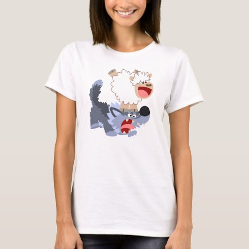 Cute Cartoon Sheep Playing with Wolf Women T_Shirt